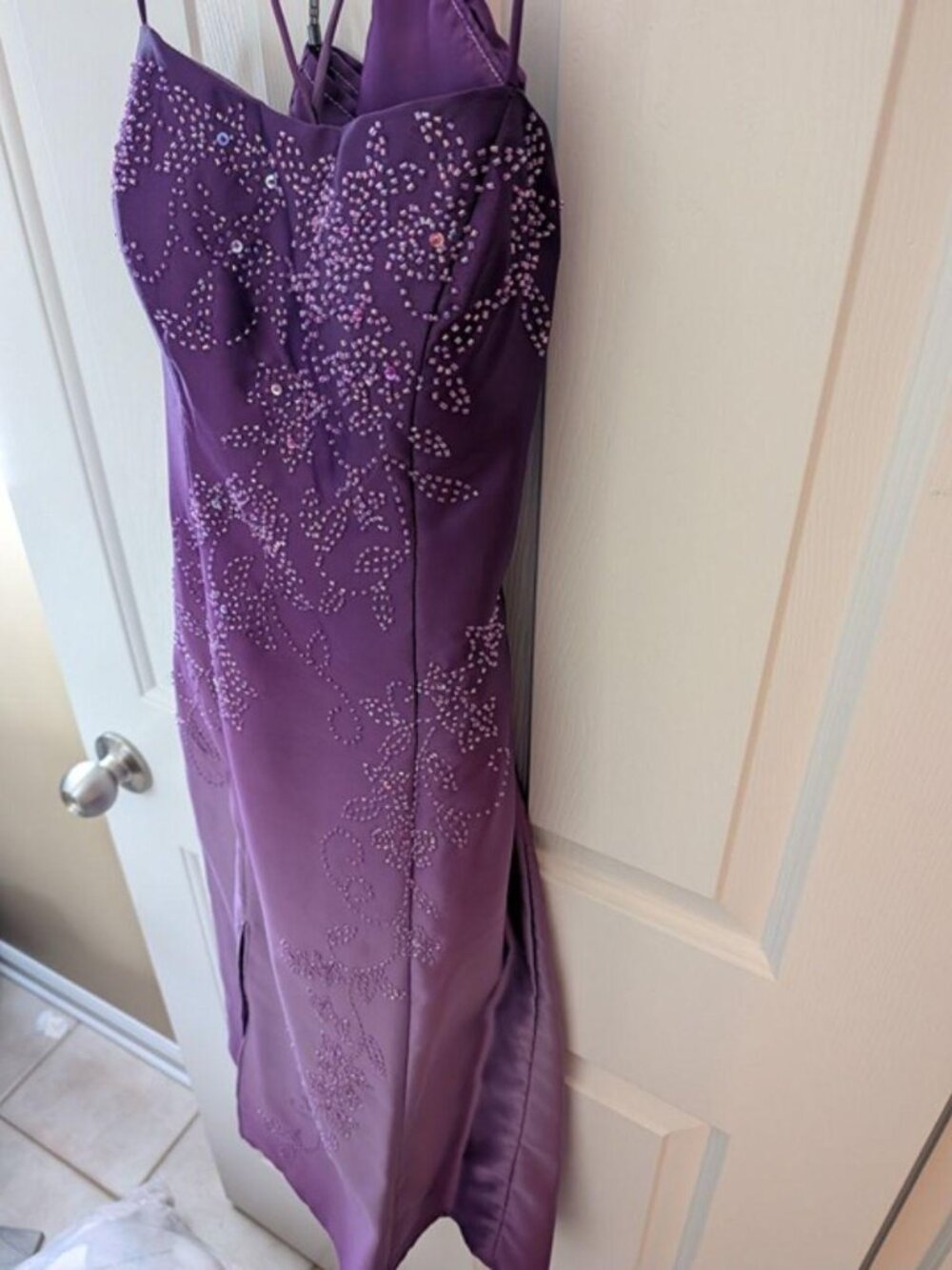 homecoming satin beaded ombre strappy low back formal thigh slit midi silk dress